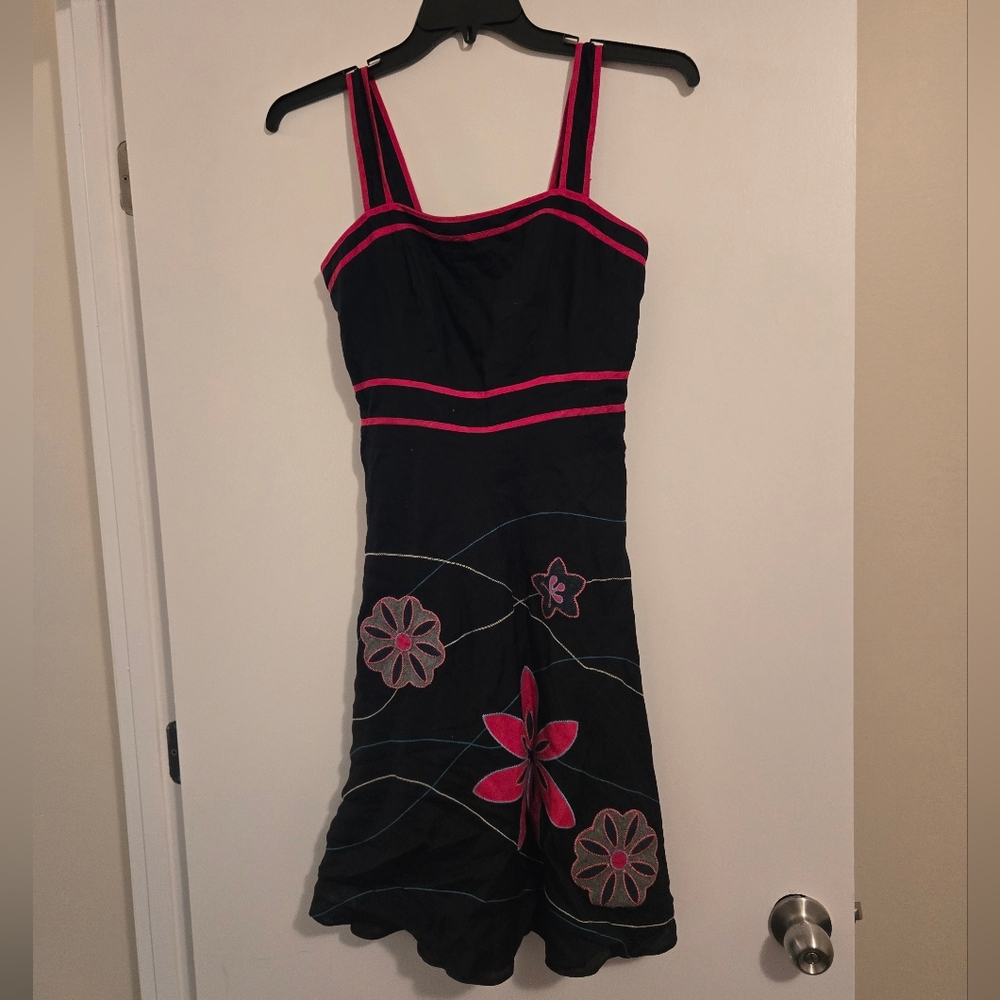 Vintage MICA Black Linen Embroidered Sundress Dress Sz 4